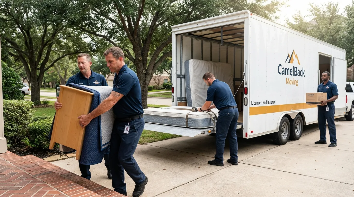 Crew loading residential truck for cross-state move from Saratoga, CA
