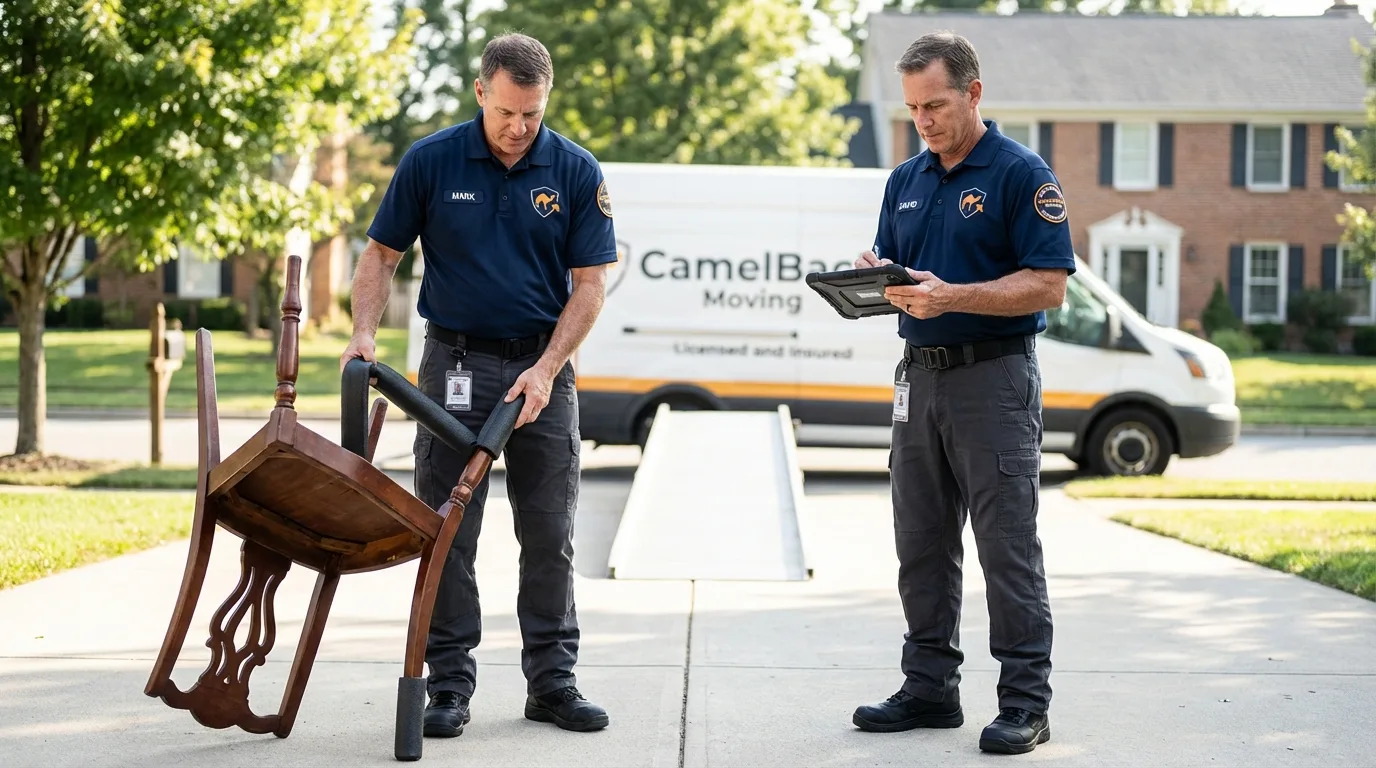 Movers inspecting furniture for damage prevention before loading in Saratoga, CA