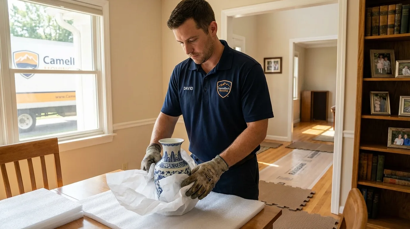 Professional crew carefully wrapping antique vase for senior downsizing move in Saratoga, CA